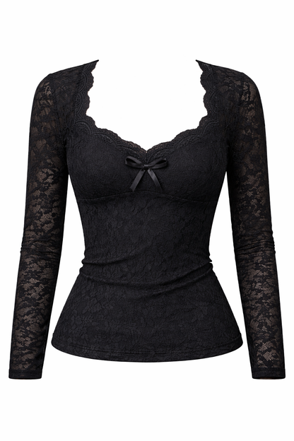 Charlotte – Elegante Romantische Kanten Top met Strik en Lange Mouwen