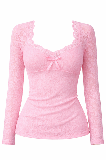 Charlotte – Elegante Romantische Kanten Top met Strik en Lange Mouwen