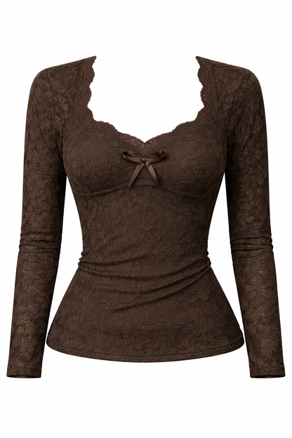 Charlotte – Elegante Romantische Kanten Top met Strik en Lange Mouwen