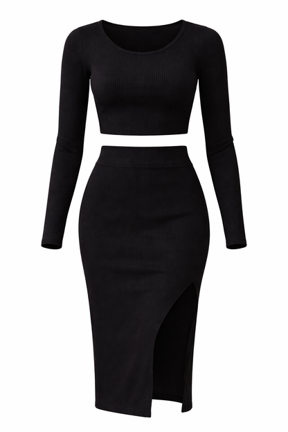 Ariana Elegant GeribbeldeTwo-Piece Set met Crop Top en Split Rok