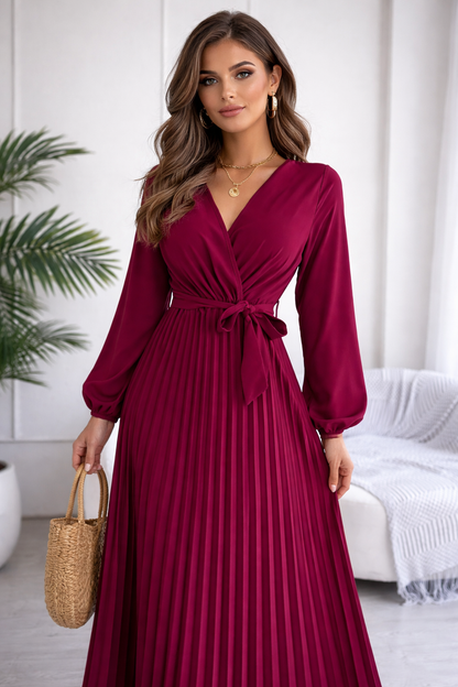 Isabella Elegante Maxi Jurk met Plooien – Dames Overslag Jurk met V-Hals