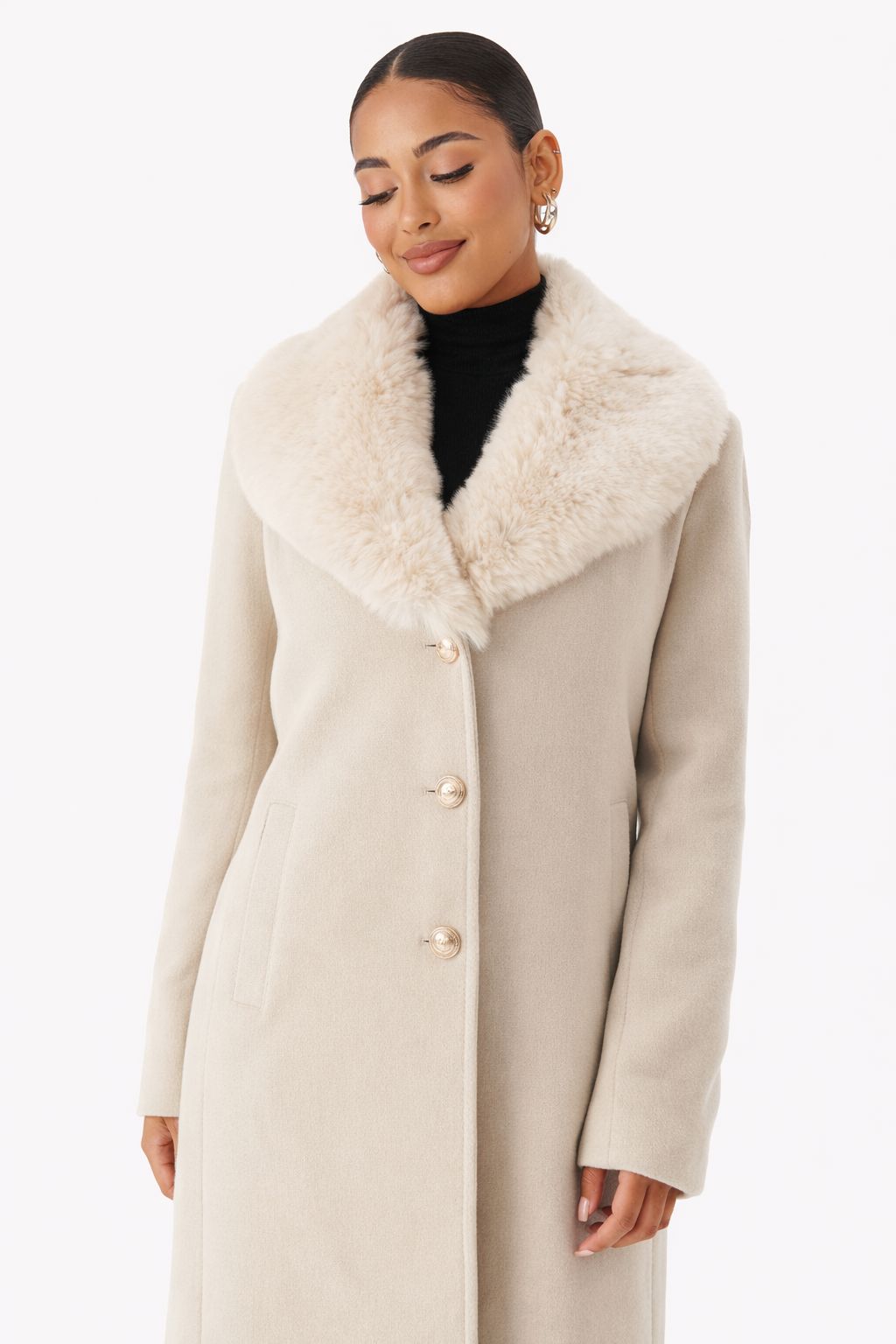 Nora Beige Dames Jas | Wolmix, Licht Getailleerd met Afneembare Bontkraag