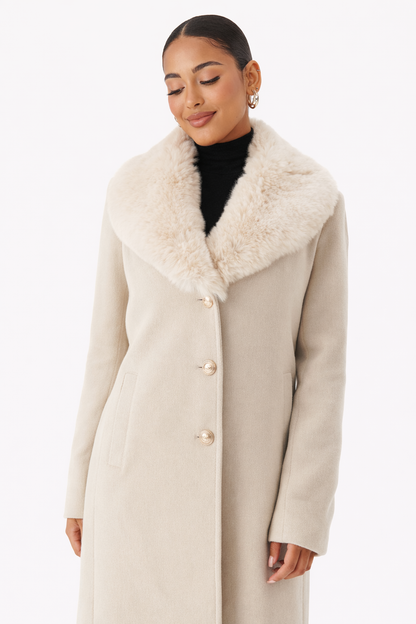 Nora Beige Dames Jas | Wolmix, Licht Getailleerd met Afneembare Bontkraag