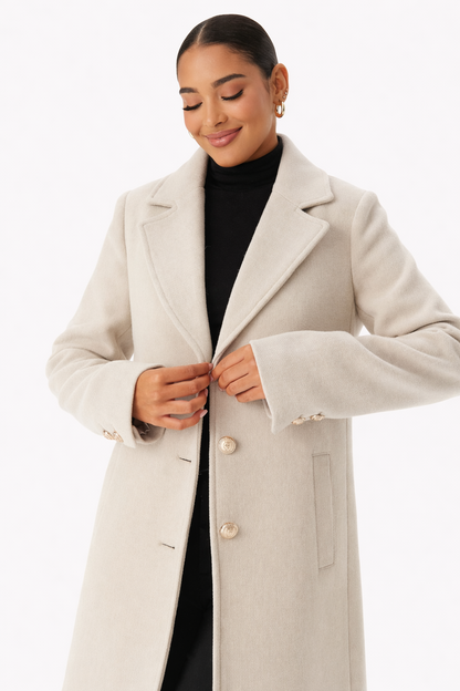 Nora Beige Dames Jas | Wolmix, Licht Getailleerd met Afneembare Bontkraag