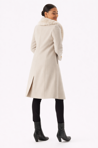 Nora Beige Dames Jas | Wolmix, Licht Getailleerd met Afneembare Bontkraag