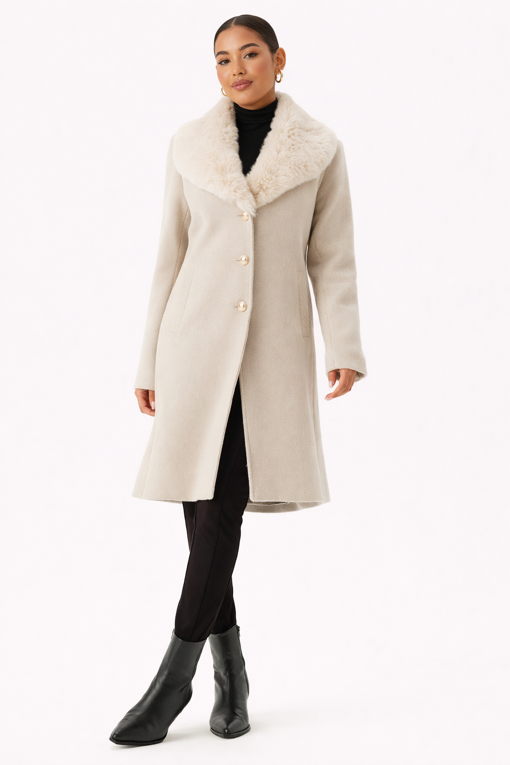 Nora Beige Dames Jas | Wolmix, Licht Getailleerd met Afneembare Bontkraag