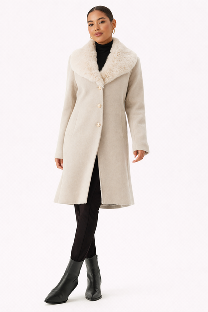 Nora Beige Dames Jas | Wolmix, Licht Getailleerd met Afneembare Bontkraag