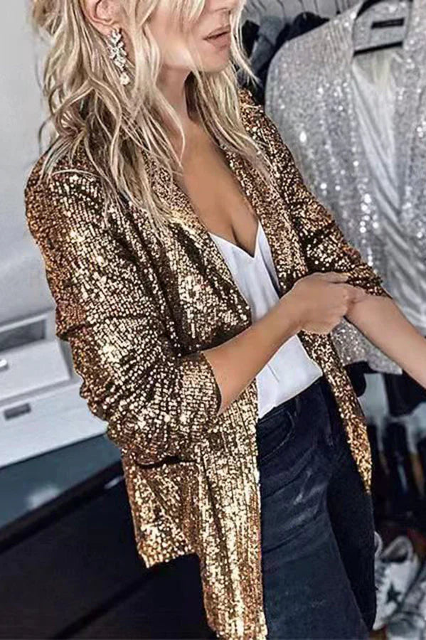 Chique Vrouwen Sequined Blazer met Lange Mouwen en Revers