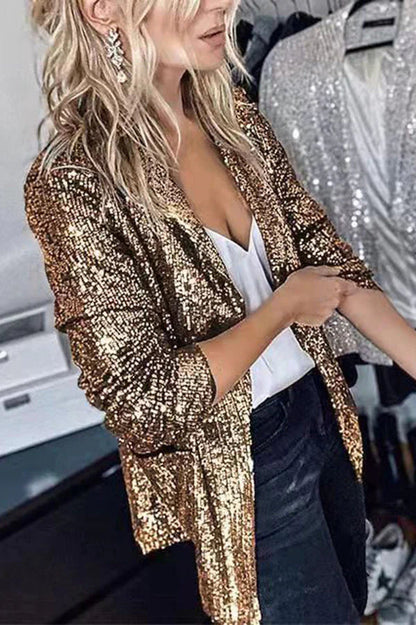 Chique Vrouwen Sequined Blazer met Lange Mouwen en Revers