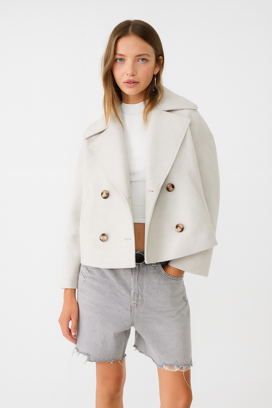 Chique cropped double-breasted damesjas in luxe wolmix