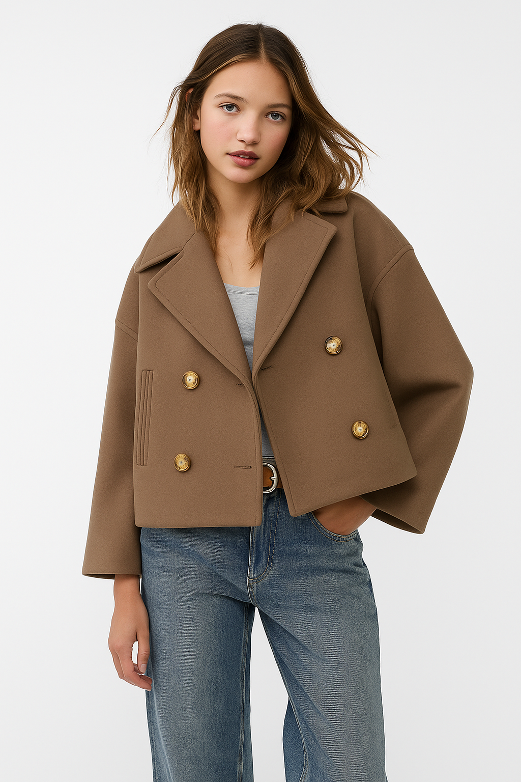 Chique cropped double-breasted damesjas in luxe wolmix