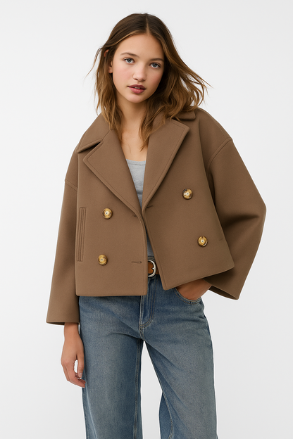Chique cropped double-breasted damesjas in luxe wolmix