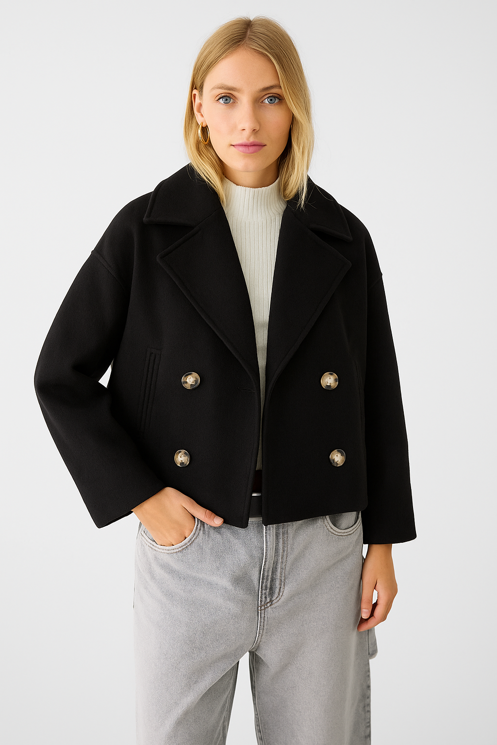 Chique cropped double-breasted damesjas in luxe wolmix