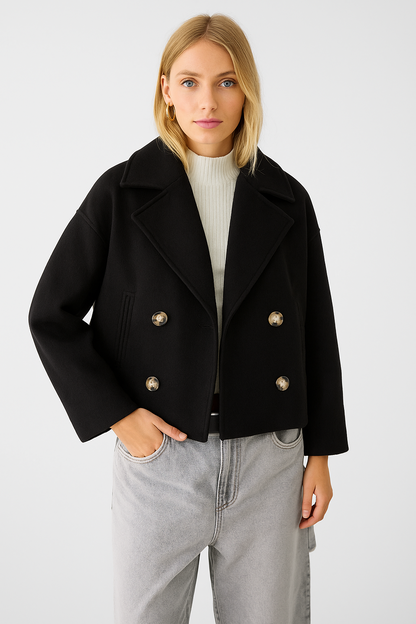 Chique cropped double-breasted damesjas in luxe wolmix
