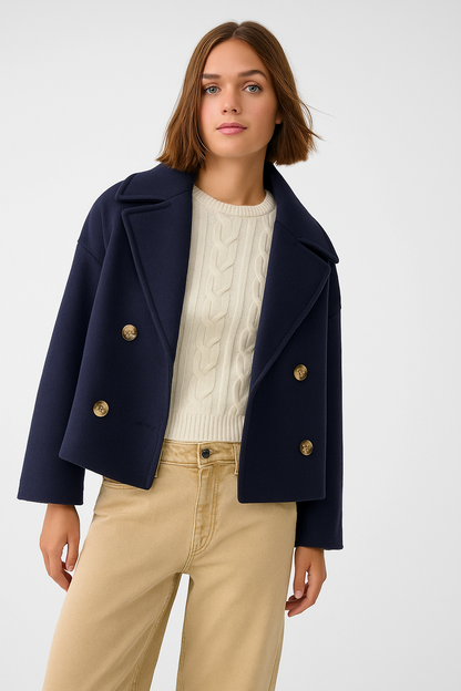 Chique cropped double-breasted damesjas in luxe wolmix