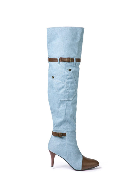 Chloe | Denim kniehooglaarzen met hak & Verstelbare Bruine Riem
