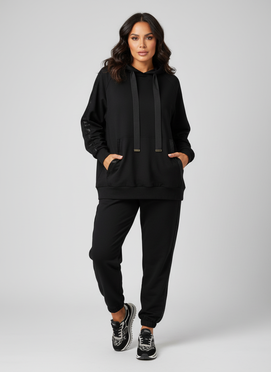 Comfortabel dames setje met capuchon en decoratieve details