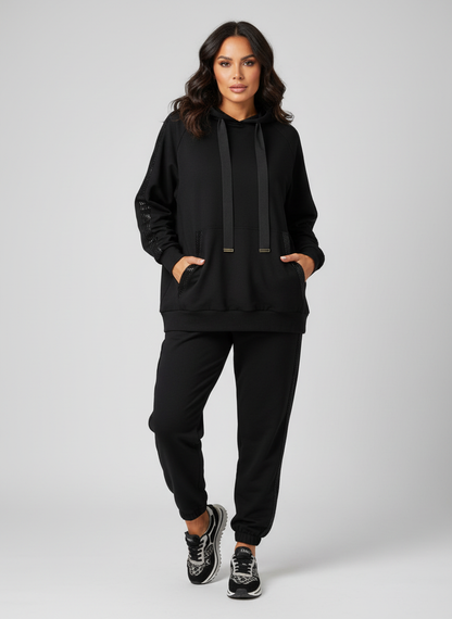 Comfortabel dames setje met capuchon en decoratieve details