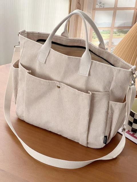 Crèmekleurige Corduroy Schoudertas met Comfortabele Band