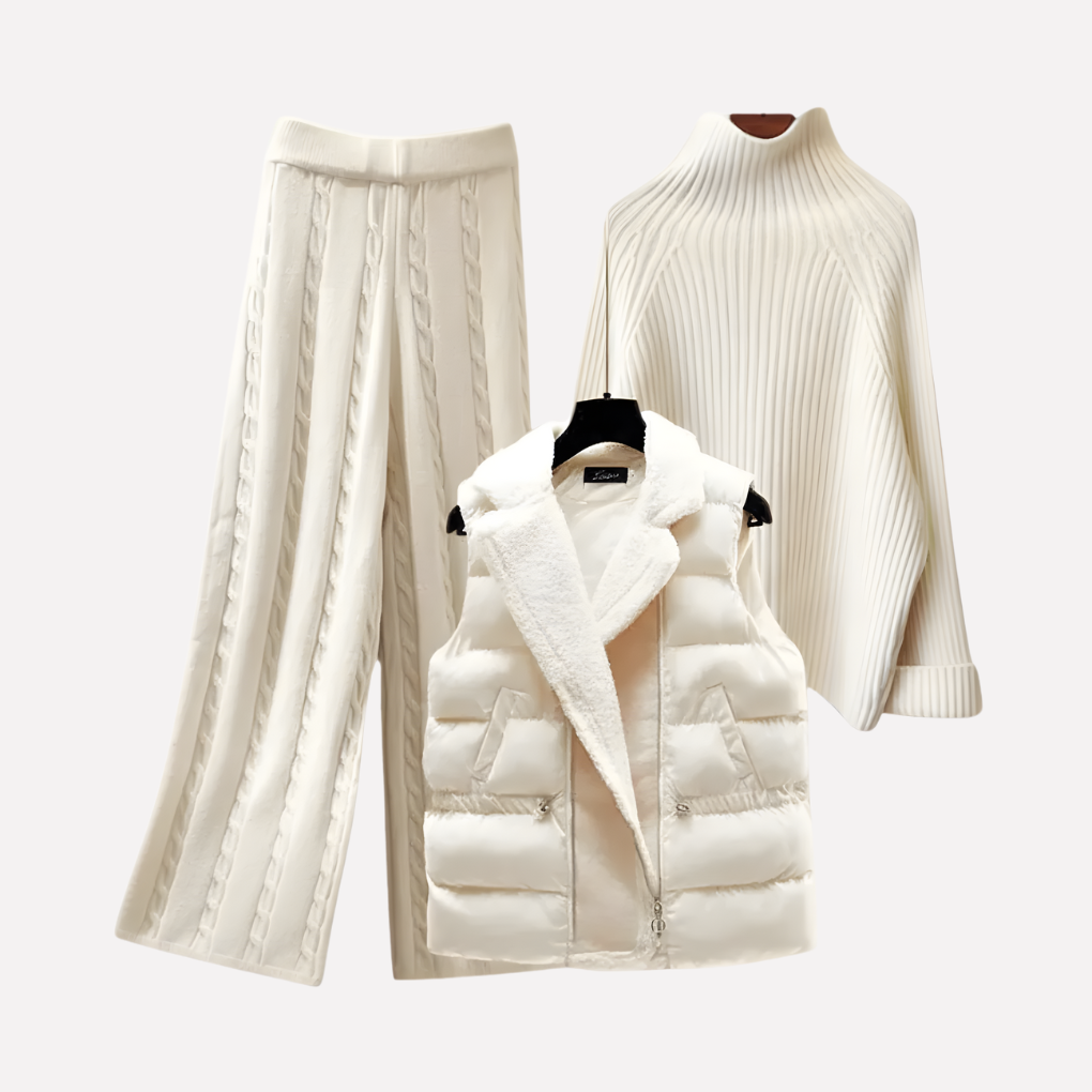 Crèmekleurige gebreide dames set met turtleneck en gevoerde bodywarmer