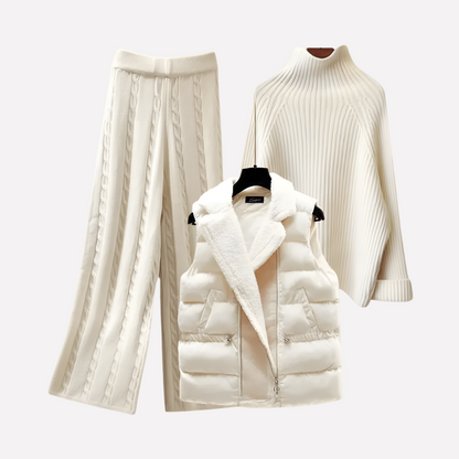 Crèmekleurige gebreide dames set met turtleneck en gevoerde bodywarmer