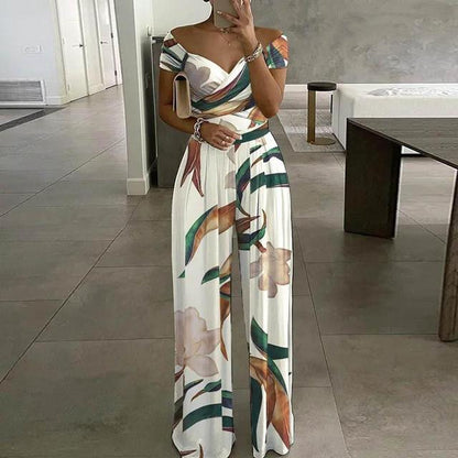 Dames Bloemen Jumpsuit met Off-Shoulder en Brede Pijpen