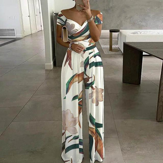 Dames Bloemen Jumpsuit met Off-Shoulder en Brede Pijpen