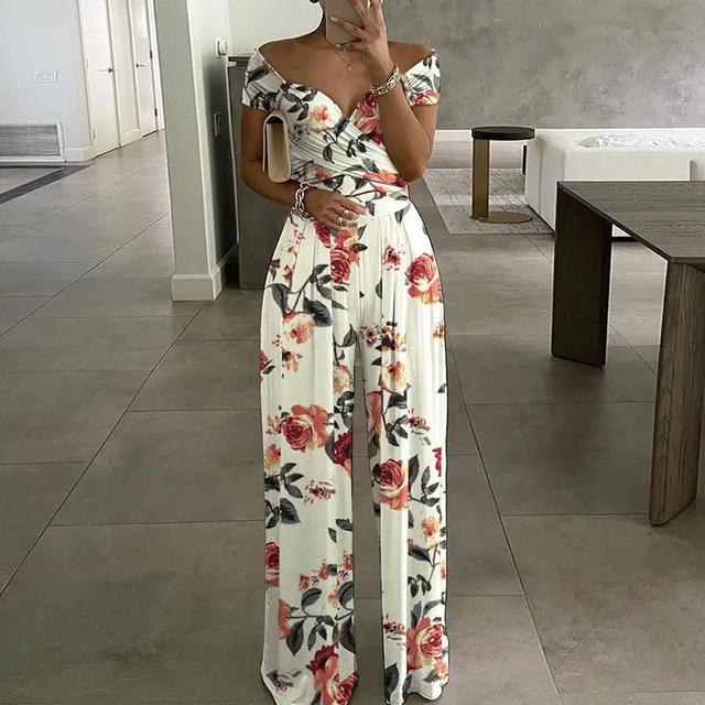 Dames Bloemen Jumpsuit met Off-Shoulder en Brede Pijpen