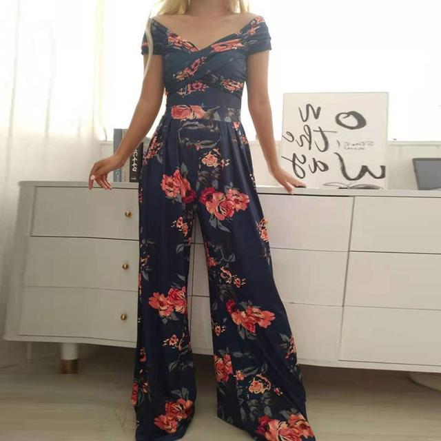 Dames Bloemen Jumpsuit met Off-Shoulder en Brede Pijpen