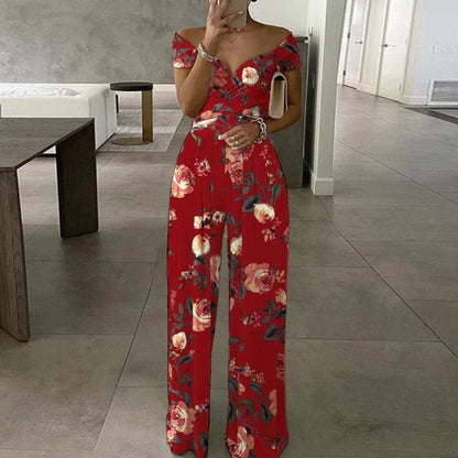Dames Bloemen Jumpsuit met Off-Shoulder en Brede Pijpen