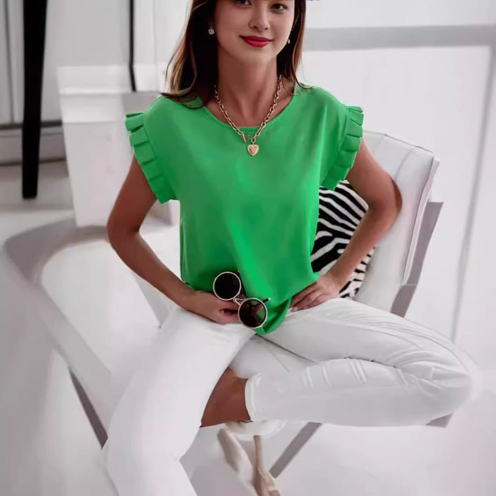 Dames Blouse met Relaxed Fit Rimpel Mouwen en Ronde Hals