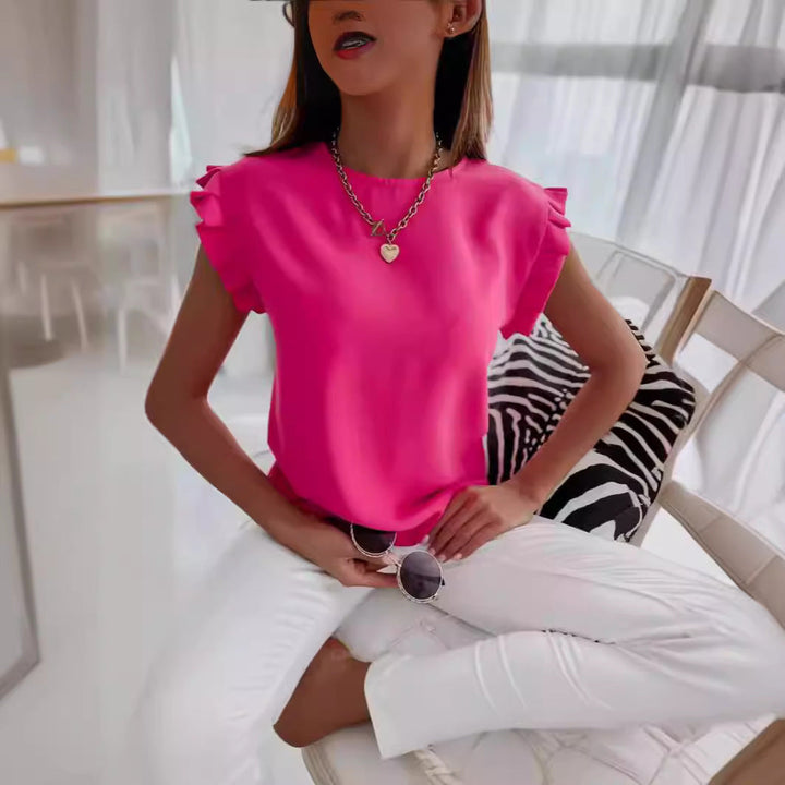 Dames Blouse met Relaxed Fit Rimpel Mouwen en Ronde Hals