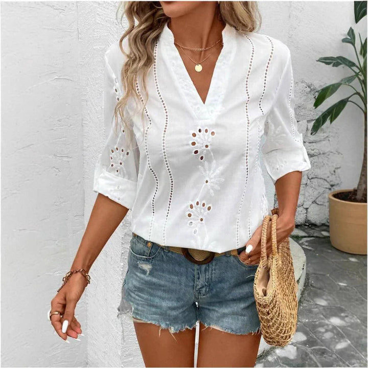 Dames Blouse met Relaxed Fit en Kanten Rand V-Hals Driekwart Mouw