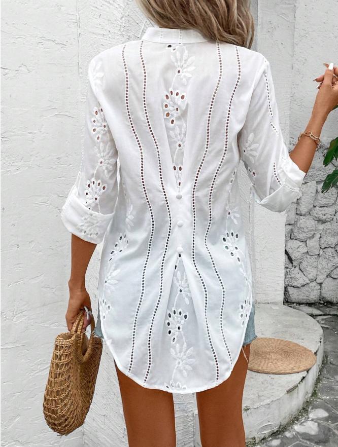 Dames Blouse met Relaxed Fit en Kanten Rand V-Hals Driekwart Mouw