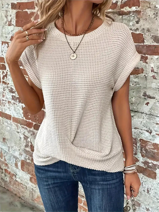 Dames Casual Top met Wafelstructuur Korte Mouwen en Ronde Hals