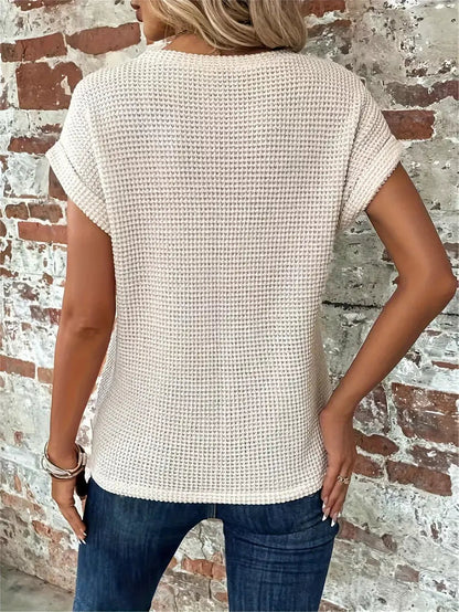Dames Casual Top met Wafelstructuur Korte Mouwen en Ronde Hals