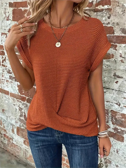 Dames Casual Top met Wafelstructuur Korte Mouwen en Ronde Hals