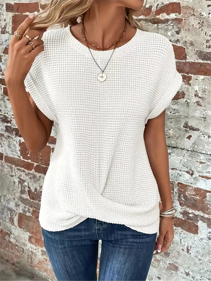 Dames Casual Top met Wafelstructuur Korte Mouwen en Ronde Hals