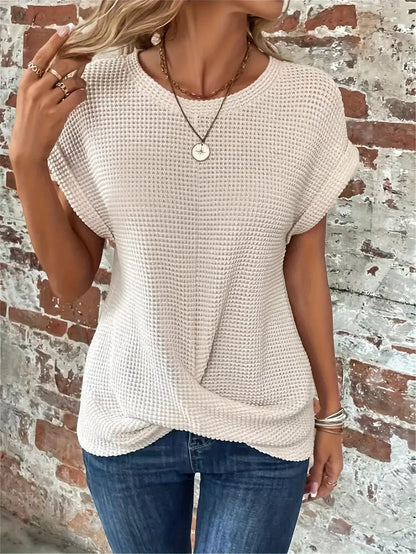 Dames Casual Top met Wafelstructuur Korte Mouwen en Ronde Hals