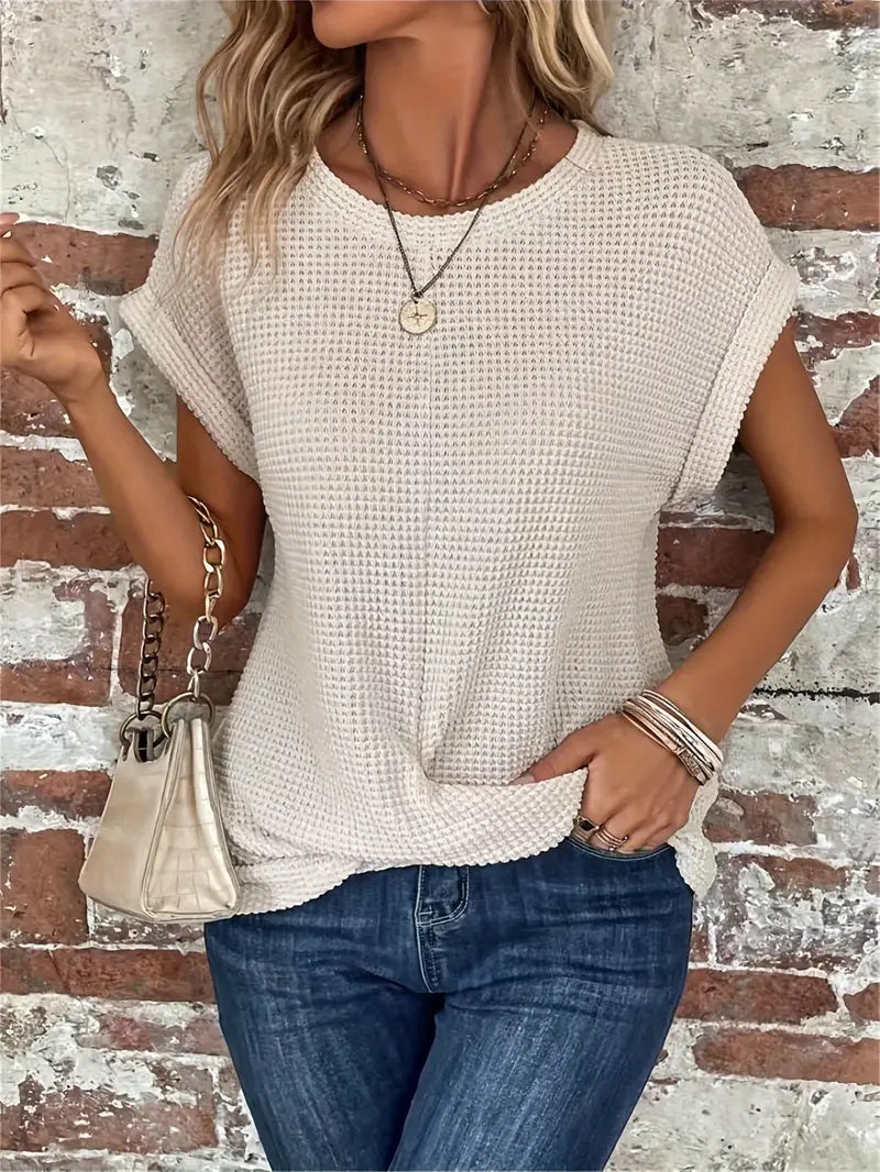 Dames Casual Top met Wafelstructuur Korte Mouwen en Ronde Hals
