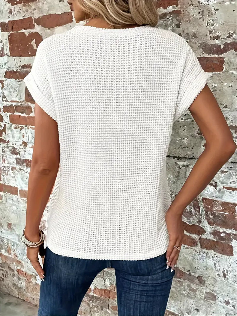 Dames Casual Top met Wafelstructuur Korte Mouwen en Ronde Hals