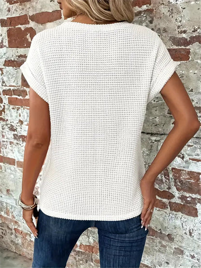 Dames Casual Top met Wafelstructuur Korte Mouwen en Ronde Hals