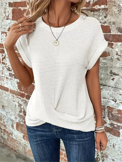 Dames Casual Top met Wafelstructuur Korte Mouwen en Ronde Hals