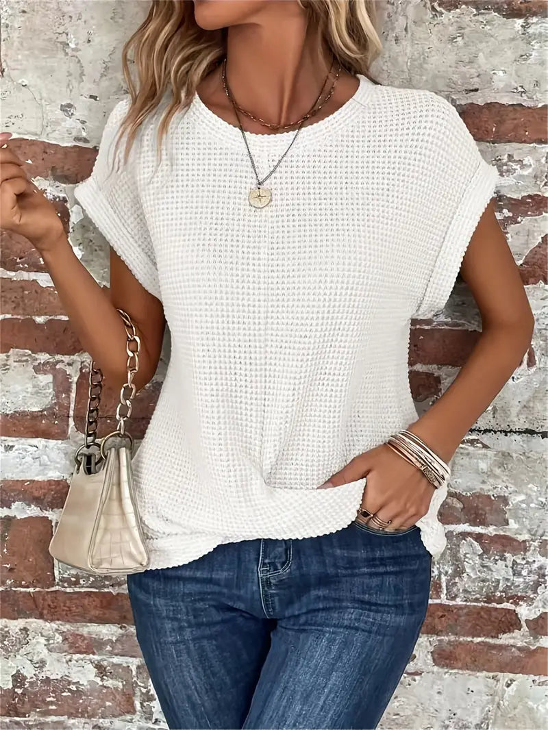 Dames Casual Top met Wafelstructuur Korte Mouwen en Ronde Hals