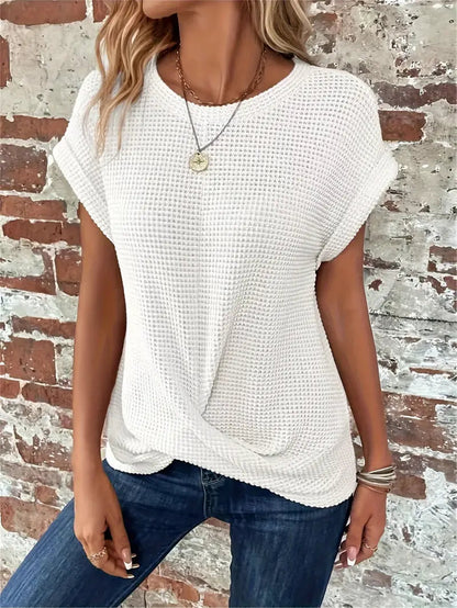 Dames Casual Top met Wafelstructuur Korte Mouwen en Ronde Hals