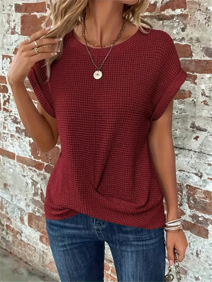Dames Casual Top met Wafelstructuur Korte Mouwen en Ronde Hals