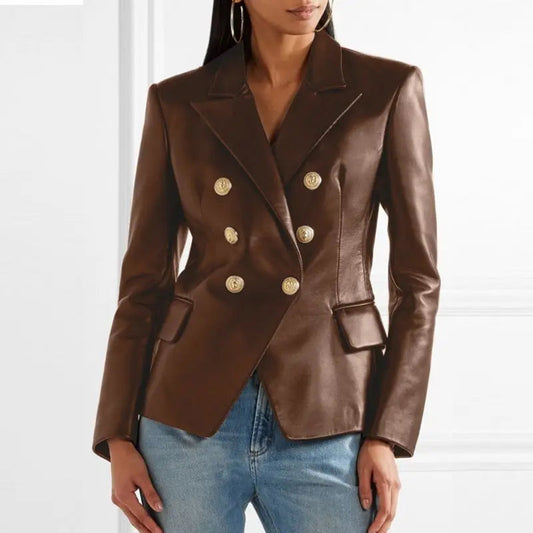 Dames Dubbelknopen Op Maat Gemaakt Leren Blazer met Lapelexen