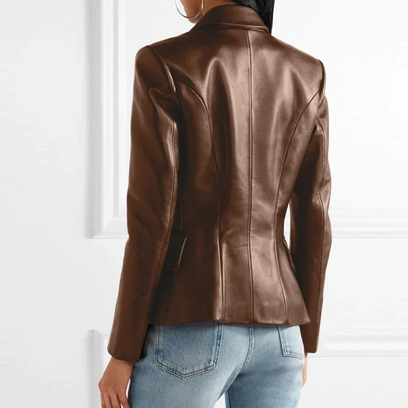 Dames Dubbelknopen Op Maat Gemaakt Leren Blazer met Lapelexen