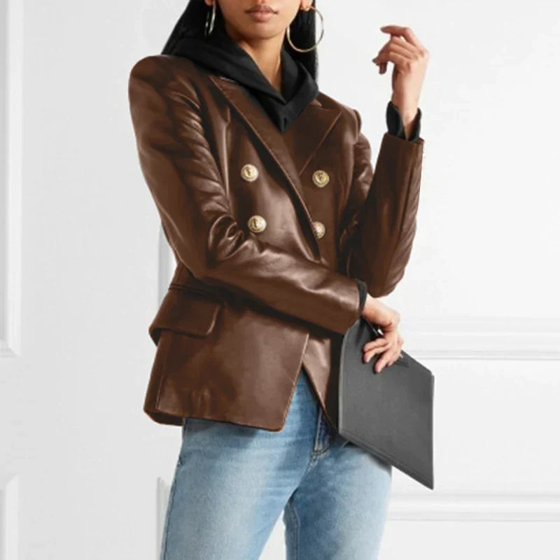 Dames Dubbelknopen Op Maat Gemaakt Leren Blazer met Lapelexen
