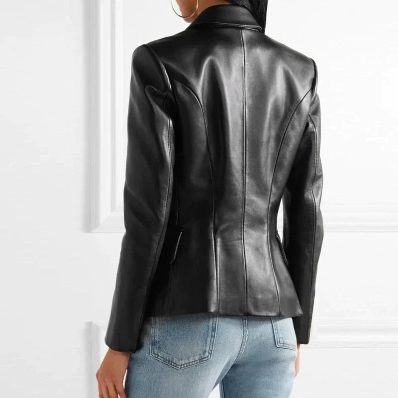 Dames Dubbelknopen Op Maat Gemaakt Leren Blazer met Lapelexen